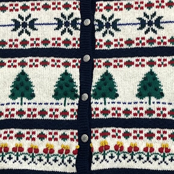 Christmas Cardigan Sweater SZ Large Fair Isle Holiday Trees 100% Wool Collared - Picture 3 of 13
